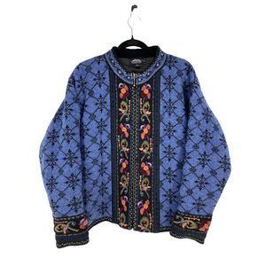 Vintage 1970 Icelandic Design Wool Embroidered Sweater Jacket Size XL